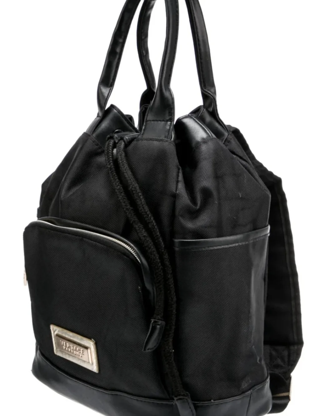 Versace Black Drawstring Backpack with Gold Accents